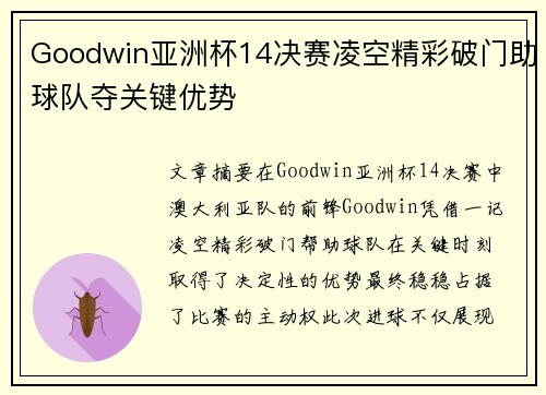 Goodwin亚洲杯14决赛凌空精彩破门助球队夺关键优势